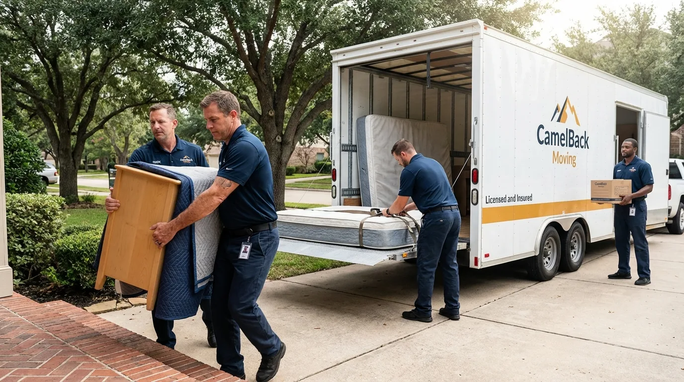 Crew loading residential truck for cross-state move from South Gate, CA