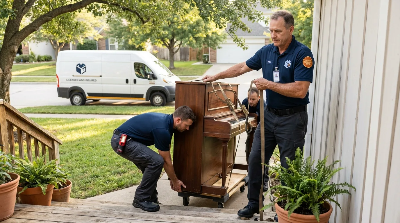 Licensed piano movers securing grand piano in South Gate, CA