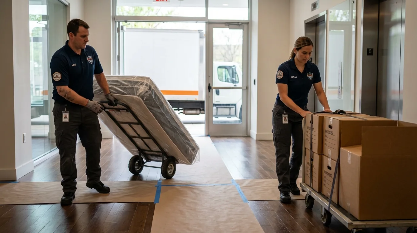 Professional apartment movers loading elevator in South Gate, CA